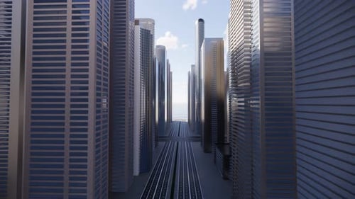 Render 3D de una ciudad brillante abstracta con rascacielos. Formas simples de edificios