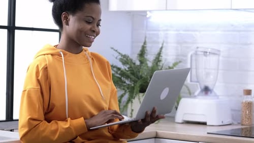 Happy Attractive African American Girl Working Office Work Remotely From Home Black Woman Using