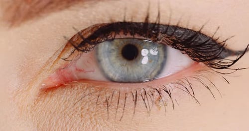 Macro Shot of Blue Eye Opening Human Iris. Womans Eye.