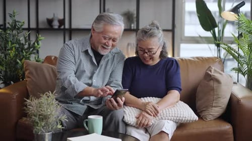 Senior Couple Laughing Together at Smartphone on Sofa