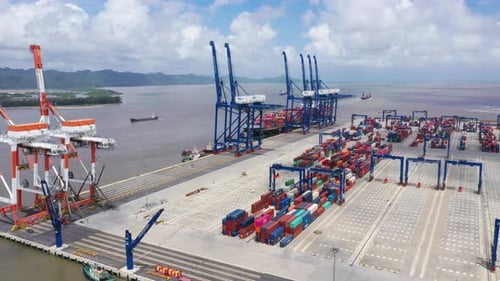 4k stock: Aerial view, top view cargo ship port in the export, import business
