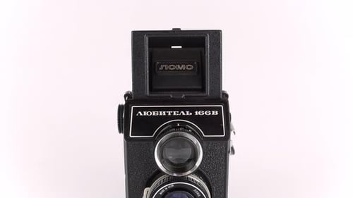Soviet Medium Format Double Lens Reflex Camera On White Background.
