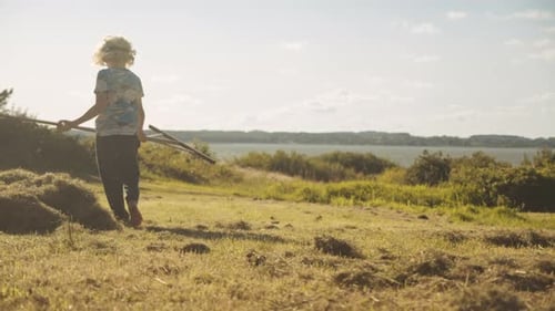 Blond Boy Using Rake In Summer Meadow