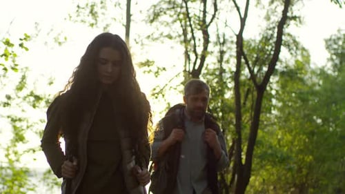 Male and Female Hikers Walking through Green Forest at Sunset