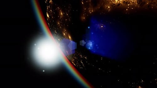 Espaço Sol e Planeta Terra à noite