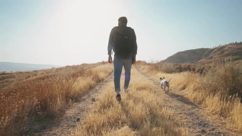 Man and Dog Walking on Rural Countryside Trail