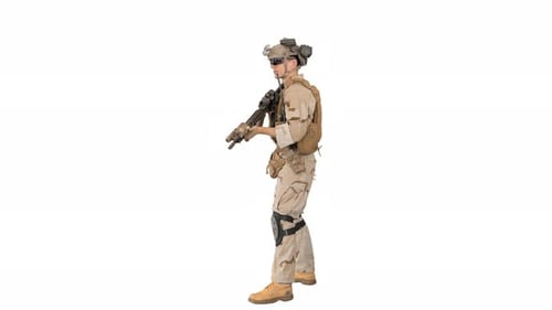Soldier with Rifle in Desert Camouflage Isolated
