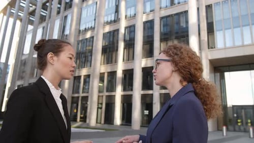 Two Diverse Businesswomen Communicating on Street