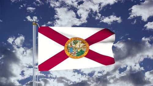 Realistic Florida State Flag Waving with Blue Sky and Clouds