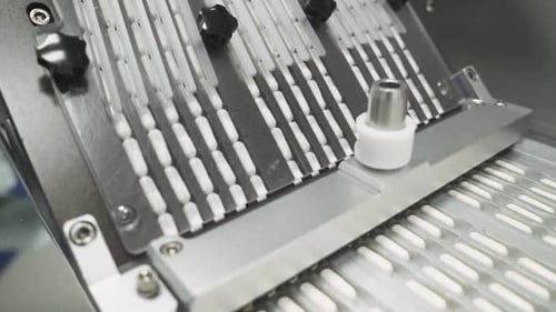 Production of Medicines and Drugs Large Number of Capsules in Motion White Tablets on the Conveyor