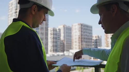 Construction Workers Reviewing Building Plan in Urban Setting