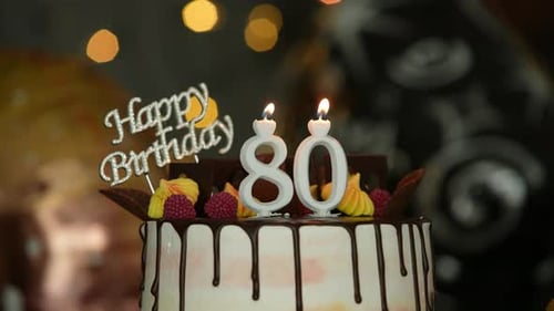 Birthday Cake with Candles and Happy Birthday Sign