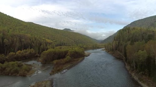 Flying over Foggy Siberian River