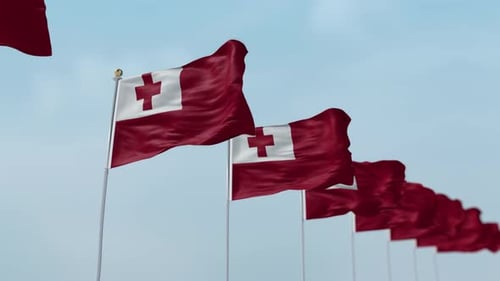 Tonga Flags Waving Seamlessly on Flagpoles