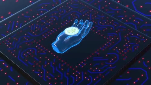 Futuristic Digital Hand Holding Bitcoin Over Circuitry