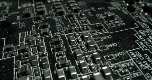 Macro Dolly Shot Top View of a Computer Electrical Circuit with Cip Slots Microchip and
