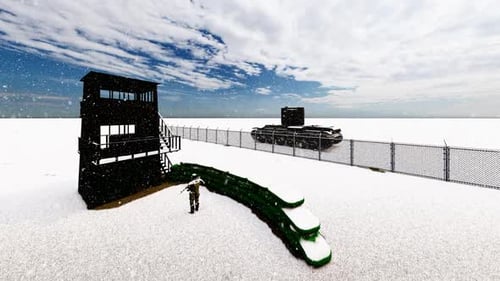 Soldaten und Panzer auf Wache im militärischen Wachturm bei Schneewetter