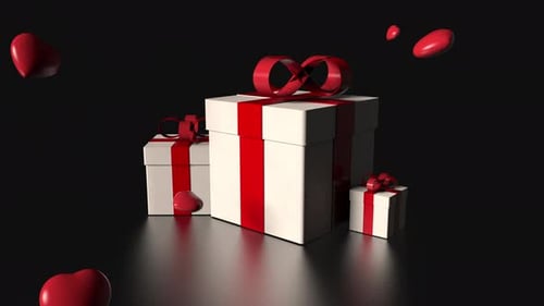 Animated Red Hearts Falling on White Gift Boxes Loop
