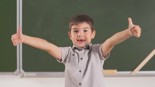 Happy Boy Laughs Funny, Screams in Surprise, Raising His Hands Up, the Concept of Children's