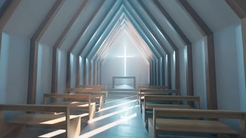 Interior de una capilla o iglesia moderna y minimalista. Luz matutina. 4k HD