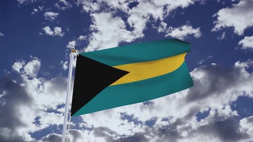 The Bahamas National Flag Waving in Blue Sky with Clouds