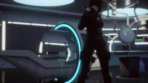 Futuristic Scientific Lab with Agent and Glowing Blue Technology