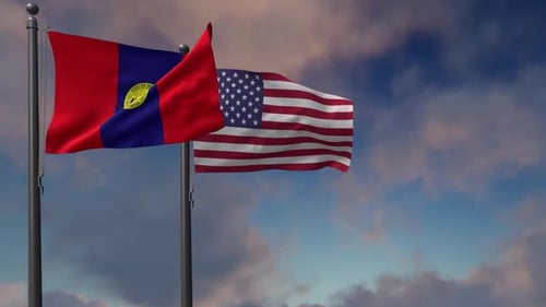 Downey City Flag Waving Along With The National Flag Of The USA - 2K