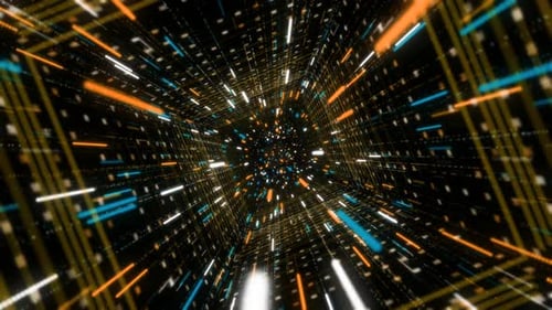 Neon tunnel with colorful stream of shining particles