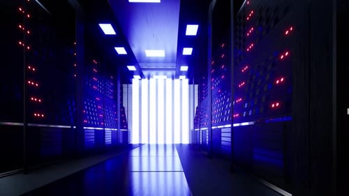 Netzwerk- und Datenserver hinter Glasscheiben in einem Serverraum eines Rechenzentrums oder ISP 4