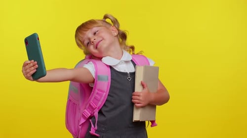 Teenage Student Girl Kid Blogger in School Uniform Taking Selfie on Mobile Phone for Social Media