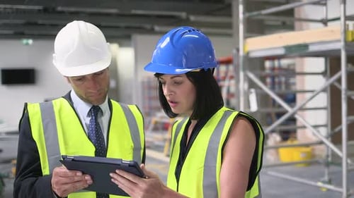Mann und Frau diskutieren auf der Baustelle mit digitalem Tablet