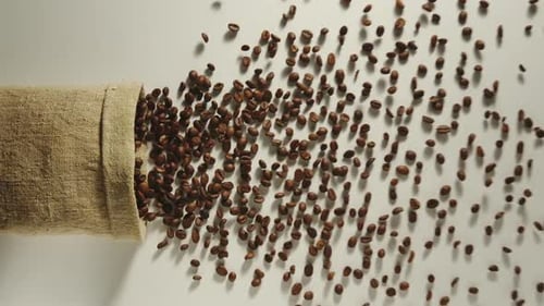 Bag Falls And Coffee Beans Are Poured Out Of It On White Background