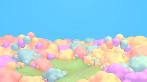 Playful Pastel Landscape with Floating Balloons Title Background