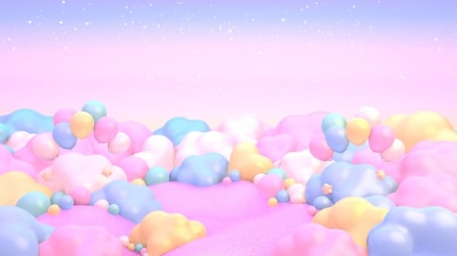 Dreamy Pastel Cloudscape with Floating Balloons and Sparkles Background