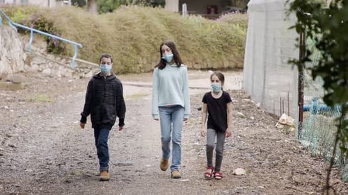 Coronavirus pandemic - kids walking outdoors with face masks to avoid contagion