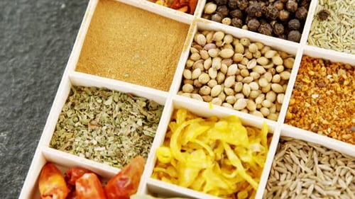 Assorted Spices and Herbs in Compartmentalized Tray