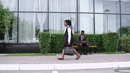 African Business Lady Walking Along Modern Glass Building