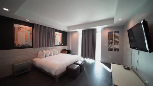 Modern Hotel Room Interior with Large Bed