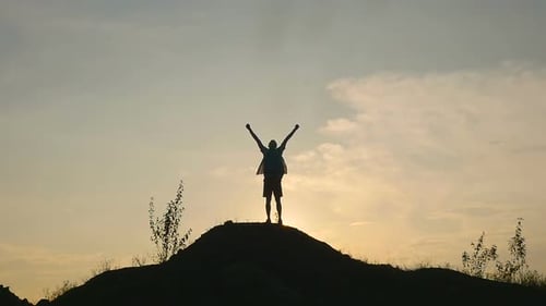 Silhouetted Person Celebrating on Hill at Sunset
