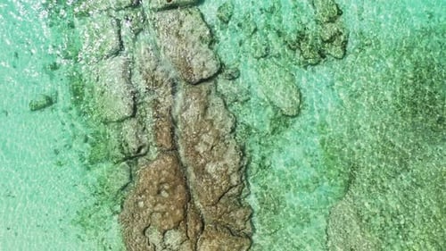Aerial above abstract of exotic coastline beach adventure by blue sea with white sandy background of