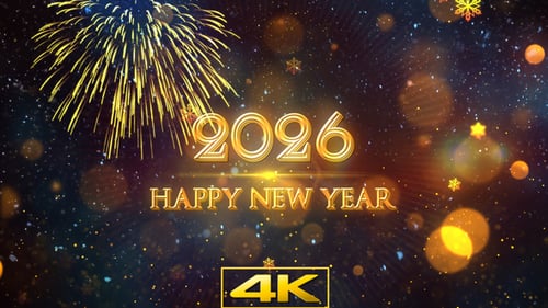 Happy New Year 2026 Golden Text with Festive Fireworks Animation