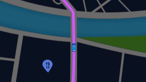 Animation of GPS navigation map. The car following a route along the city street