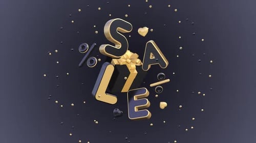 Sale, animation3D with title, gift box and percentage sign on a seamless loop