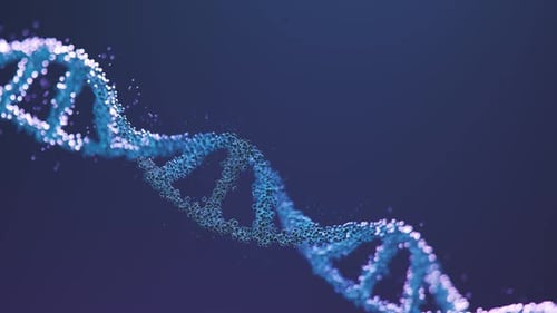DNA double helix rotating against a blue background. Floating particles, DOF