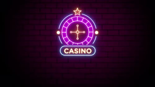 Roulette Casino Neon Sign on Brick Wall Background 4K