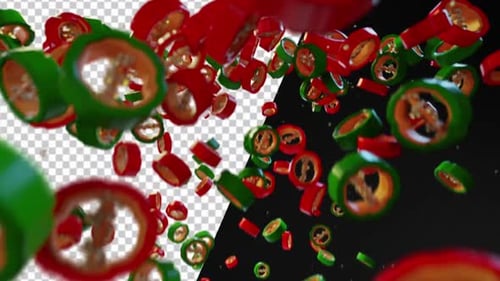 Falling Red and Green Chili Pepper Slices with Alpha Channel