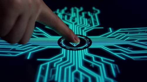 Human Finger Pushes Touch Ethereum Digital Currency With Futuristic Artificial Intelligence