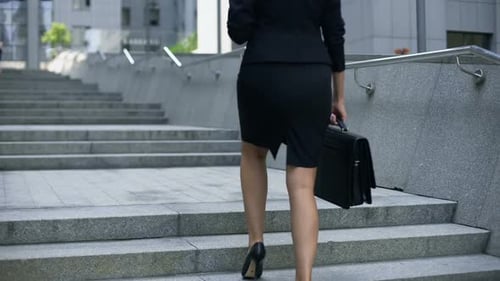 Business Lady Climbing Stairs to Office Center, Career Ladder, Success Promotion