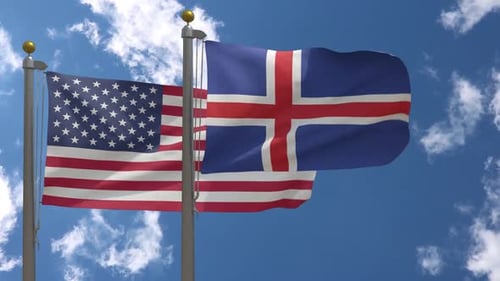 United States and Iceland Flags Waving in Blue Sky