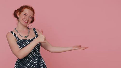 Girl Pointing Empty Place Advertising Area for Commercial Text Copy Space for Goods Promotion